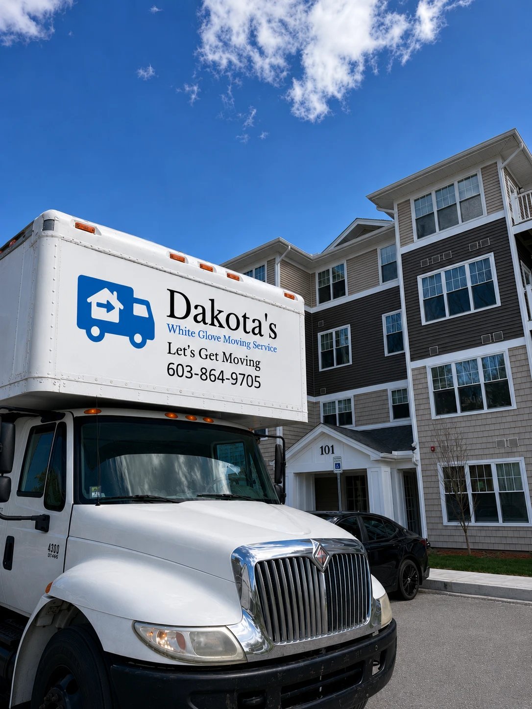 Dakota's White Glove Moving Service truck outside an apartment complex in Nashua, NH